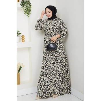 Fırça Desen Yarım Düğmeli Elbise Krem