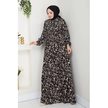 Fırça Desen Yarım Düğmeli Elbise siyah