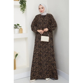 Kare Yaka Büyük Beden Viskon Anne Elbisesi Kahve