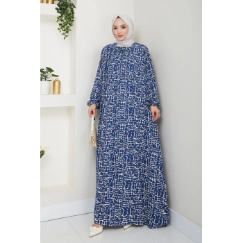 Kare Yaka Büyük Beden Viskon Anne Elbisesi Mavi
