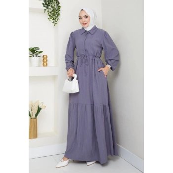 Lara Yarım Düğmeli Gömlek Yaka Elbise