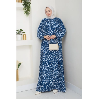 Önü Lastikli Büyük Beden Viskon Anne Elbisesi Mavi