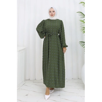 Ponpon Detaylı Kuşaklı Elbise Haki