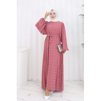 Ponpon Detaylı Kuşaklı Elbise Pembe
