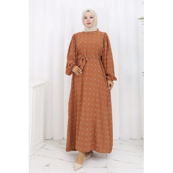 Ponpon Detaylı Kuşaklı Elbise Taba