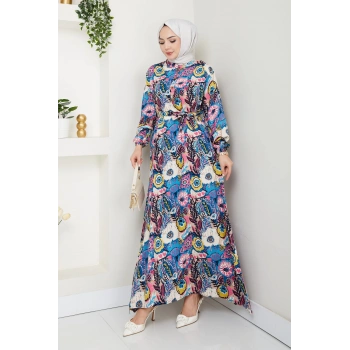 Renkli Çiçek Desenli Kuşaklı Elbise Mavi