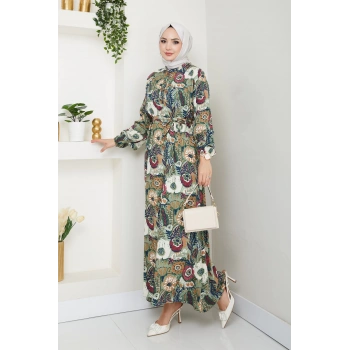 Renkli Çiçek Desenli Kuşaklı Elbise Yeşil