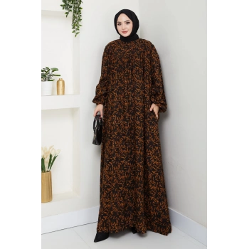 Şık ve Rahat Robalı Büyük Beden Viskon Anne Elbisesi Turuncu