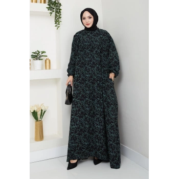 Şık ve Rahat Robalı Büyük Beden Viskon Anne Elbisesi Yeşil