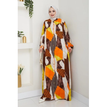 Viskon Boydan Düğmeli Elbise Turuncu kahve