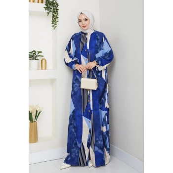 Viskon Boydan Düğmeli Elbise Mavi Beyaz