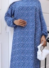 Çiçek Desen Viskon Elbise Mavi