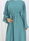 Ponpon Detaylı Kuşaklı Elbise Turkuaz