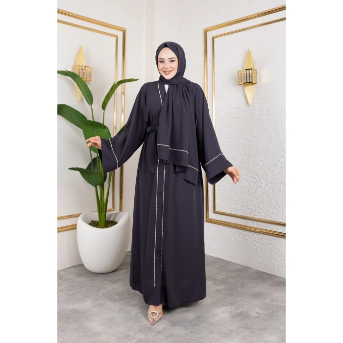 Taşlı Dubai İpeği Abaya Gri