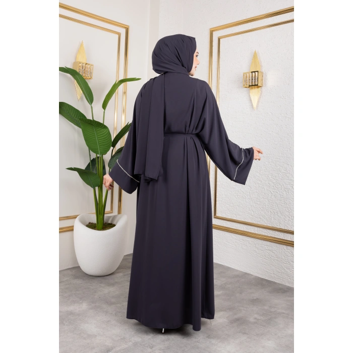Taşlı Dubai İpeği Abaya Gri