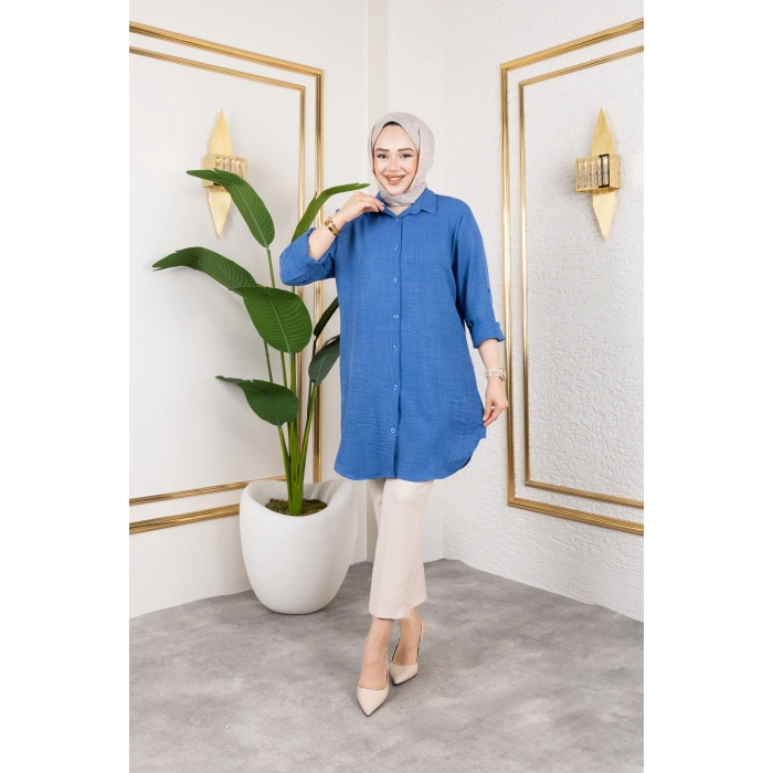 Büyük Beden Sofya Keten Gömlek Mavi