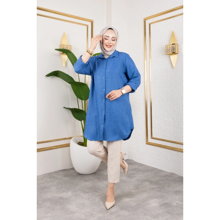 Büyük Beden Sofya Keten Gömlek Mavi