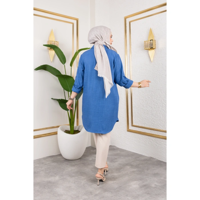 Büyük Beden Sofya Keten Gömlek Mavi