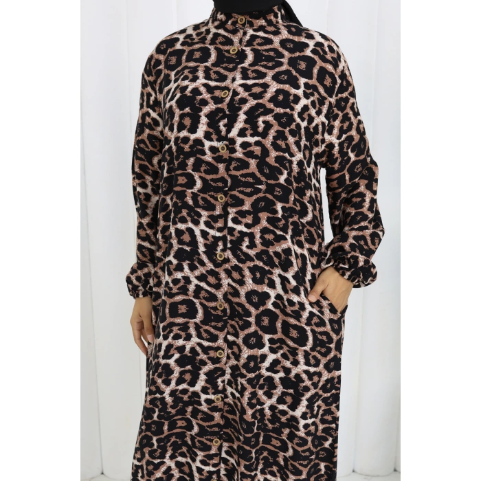 Boydan Düğmeli Leopar Desen Elbise