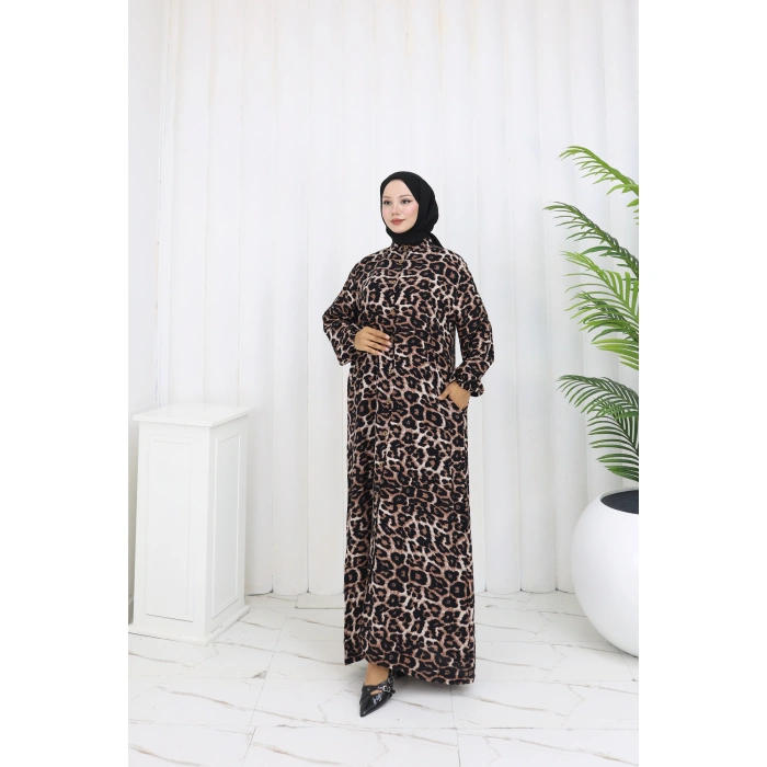 Boydan Düğmeli Leopar Desen Elbise