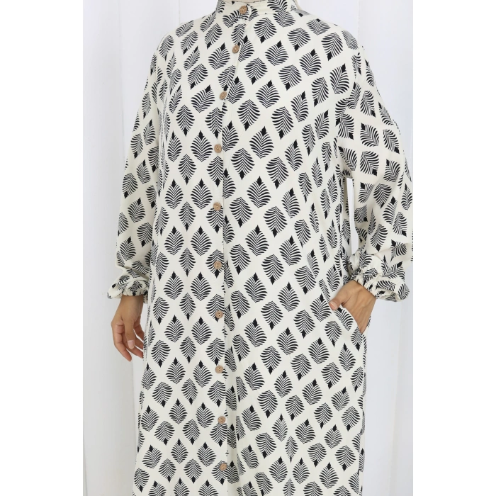 Boydan Düğmeli Yaprak Desen Elbise Beyaz