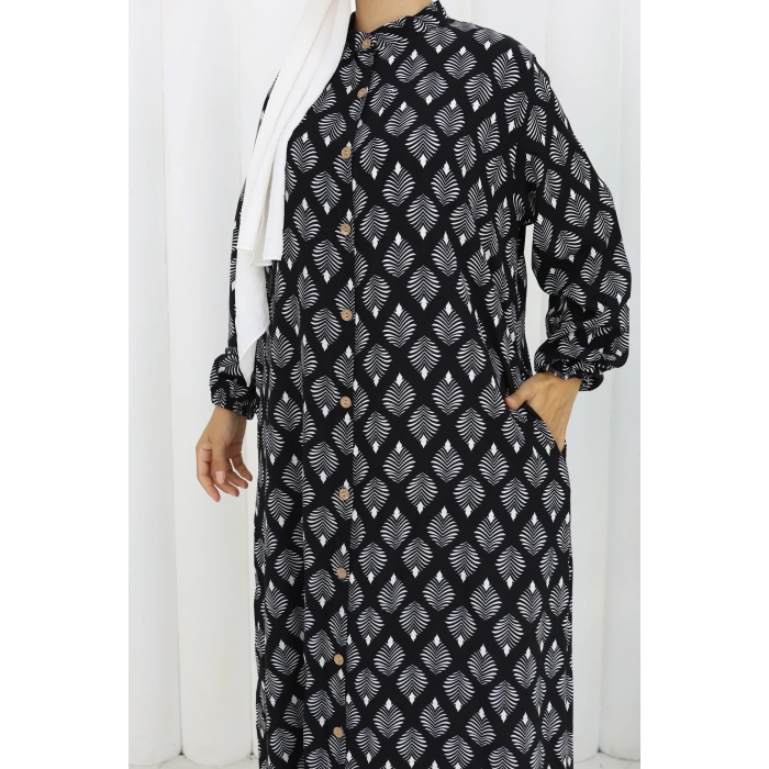 Boydan Düğmeli Yaprak Desen Elbise Siyah Beyaz