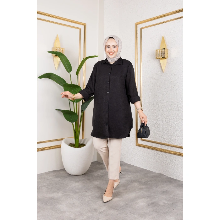 Büyük Beden Sofya Keten Gömlek Siyah