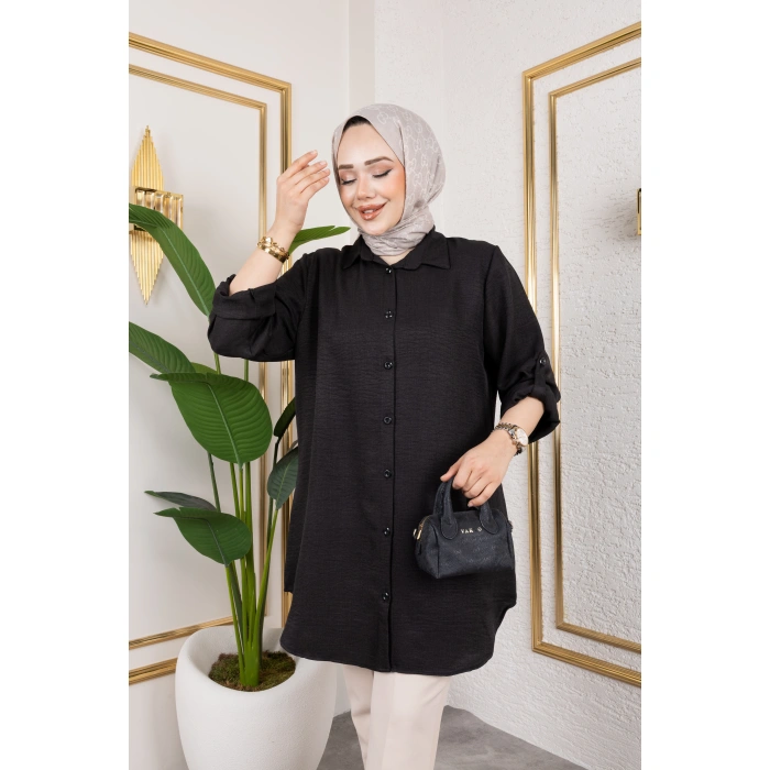 Büyük Beden Sofya Keten Gömlek Siyah