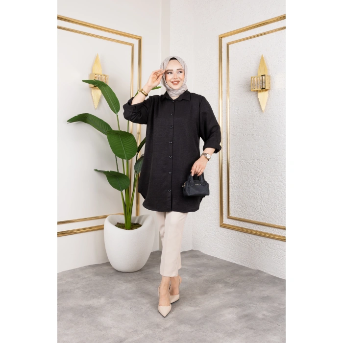 Büyük Beden Sofya Keten Gömlek Siyah