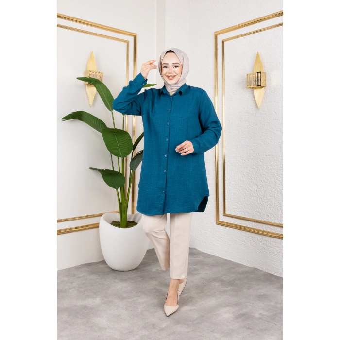 Büyük Beden Sofya Keten Gömlek Turkuaz