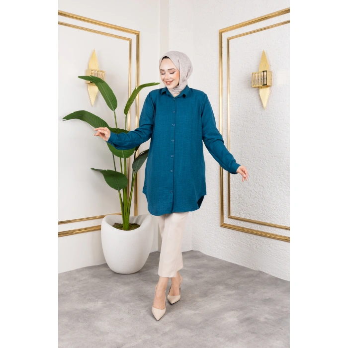 Büyük Beden Sofya Keten Gömlek Turkuaz