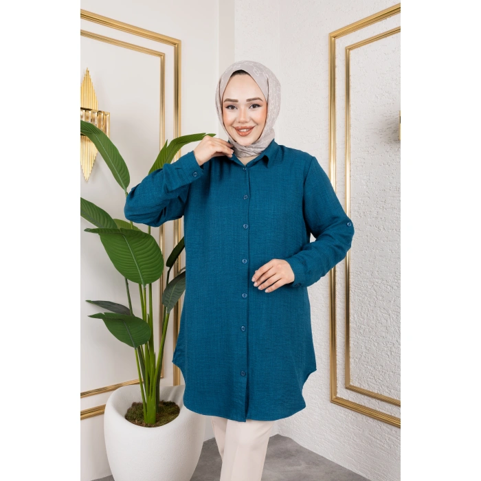 Büyük Beden Sofya Keten Gömlek Turkuaz