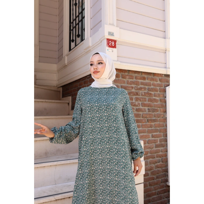 Çiçek Desen Viskon Elbise Yeşil