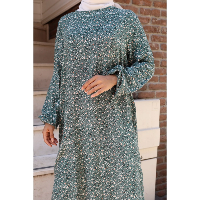 Çiçek Desen Viskon Elbise Yeşil
