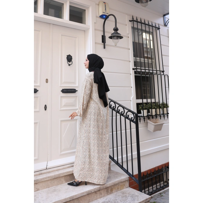 Çiçek Desen Viskon Elbise Bej