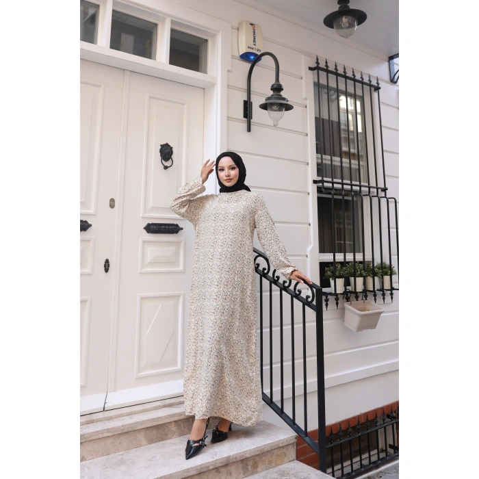 Çiçek Desen Viskon Elbise Bej