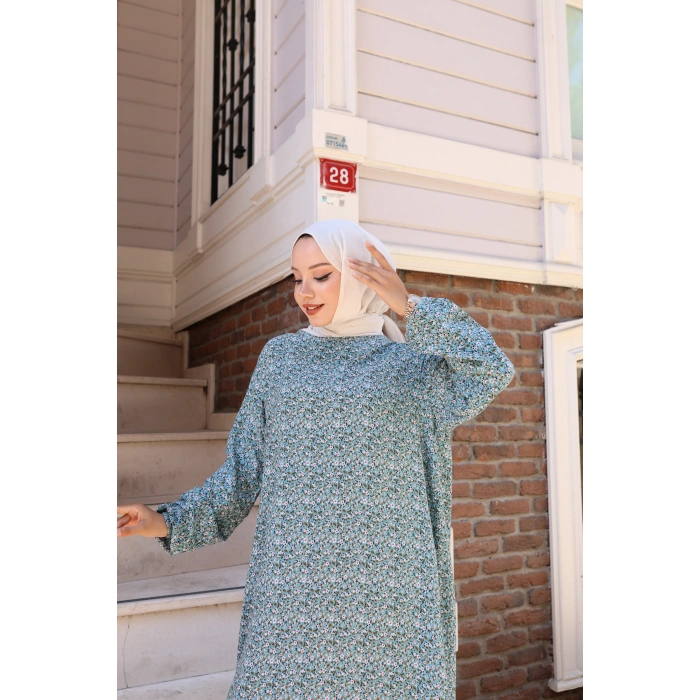 Çiçek Desen Viskon Elbise turkuaz