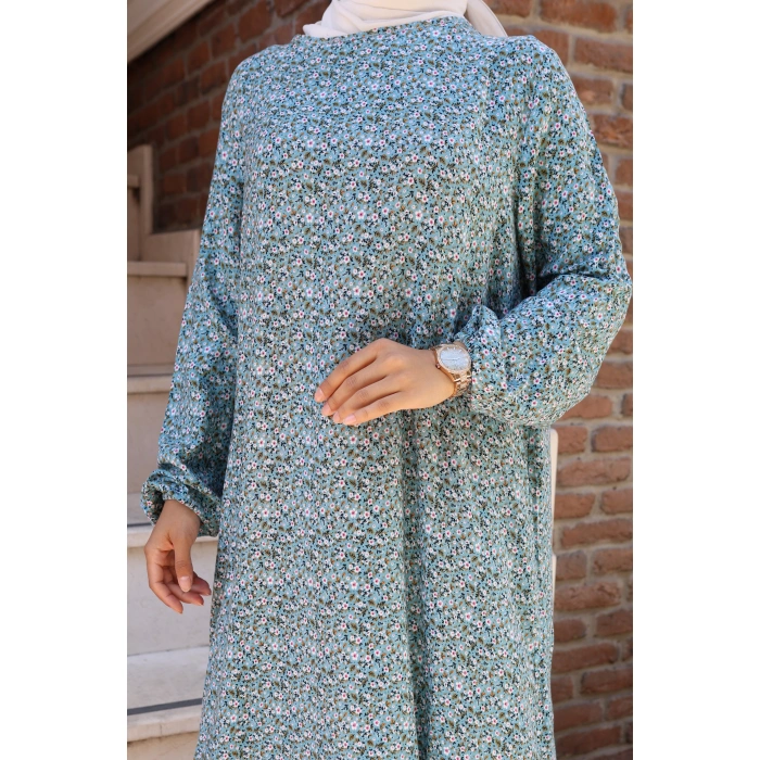 Çiçek Desen Viskon Elbise turkuaz