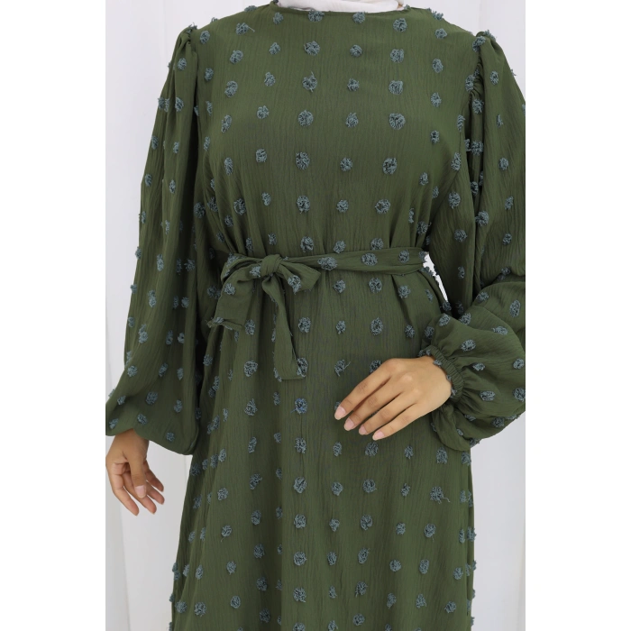 Ponpon Detaylı Kuşaklı Elbise Haki