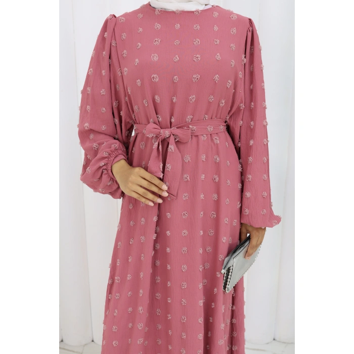 Ponpon Detaylı Kuşaklı Elbise Pembe