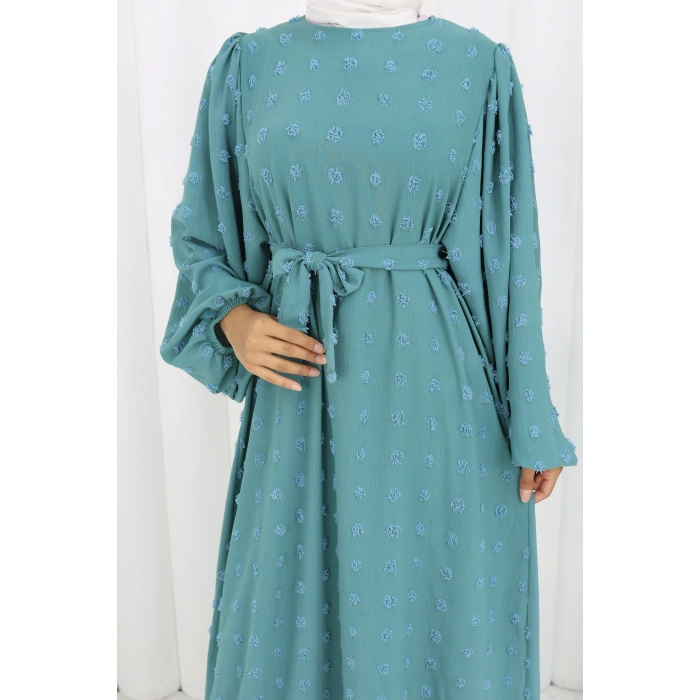 Ponpon Detaylı Kuşaklı Elbise Turkuaz