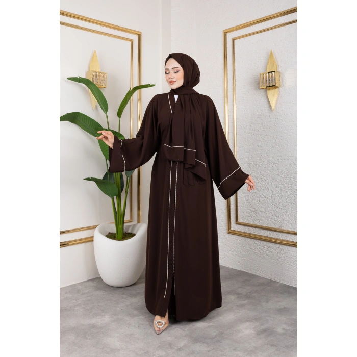 Taşlı Dubai İpeği Abaya kahve