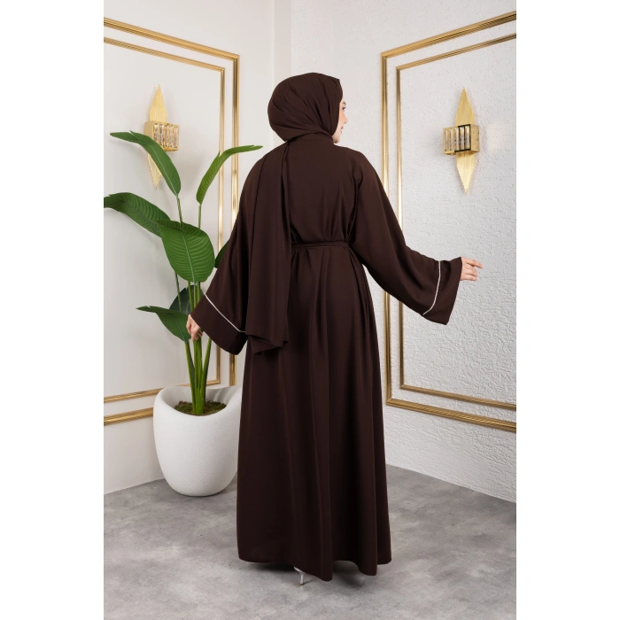 Taşlı Dubai İpeği Abaya kahve