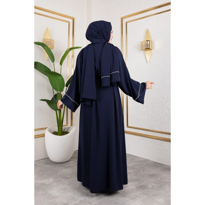 Taşlı Dubai İpeği Abaya Lacivert