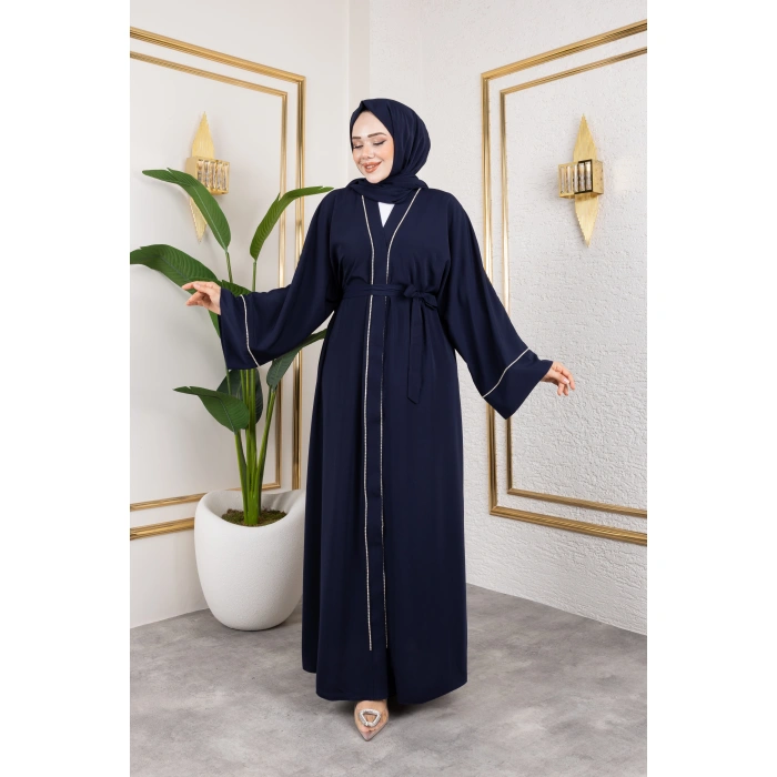 Taşlı Dubai İpeği Abaya Lacivert