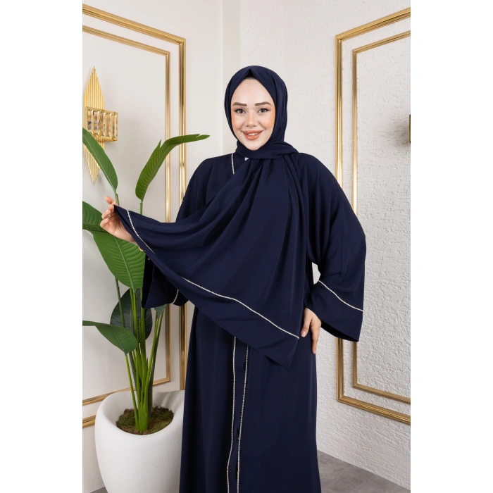 Taşlı Dubai İpeği Abaya Lacivert