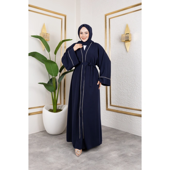 Taşlı Dubai İpeği Abaya Lacivert