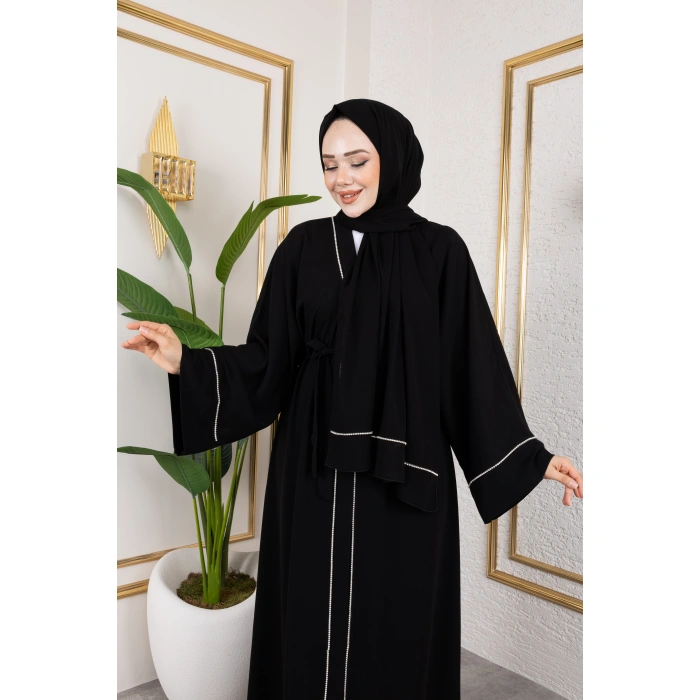 Taşlı Dubai İpeği Abaya siyah