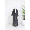 Boydan Düğmeli Yaprak Desen Elbise Siyah Beyaz