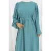 Ponpon Detaylı Kuşaklı Elbise Turkuaz